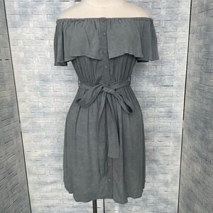 Bardot Sz 8/Medium Off The Shoulder Button‎ Front Ruffle Dress Ash Gray